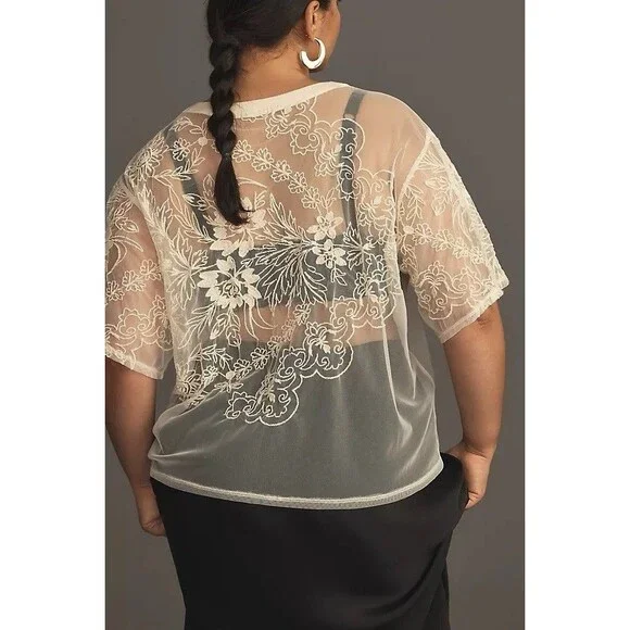 Anthropologie Short Sleeve Embroidered Mesh Top Ivory Size M - Picture 5 of 8